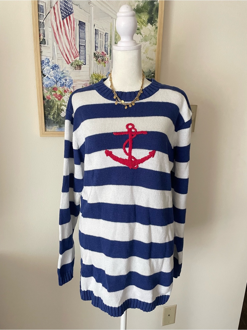 Quacker Factory Vintage 90s Y2K Nautical Striped Anchor Pullover Sweater Small